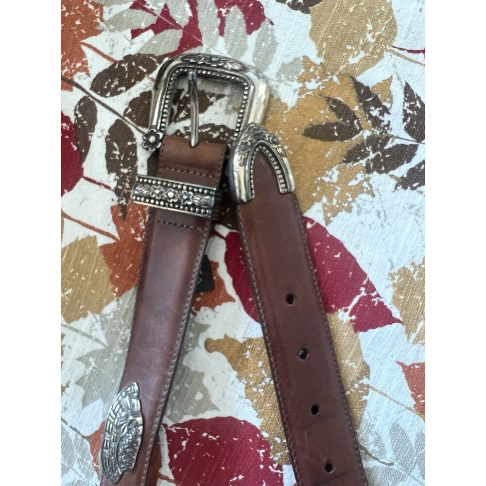 Brighton Vtg 1995 Heavy Metal Hat Basket Flowers Brown Leather Belt Gardening L